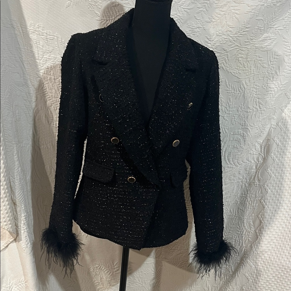 Aqua Metallic Tweed Feather‎ Trim Blazer, size medium